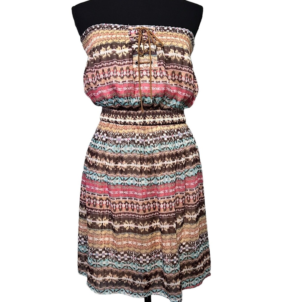 YA LA Southwest Print Silk Blend Strapless Lace Up Mini Dress Medium Coquette